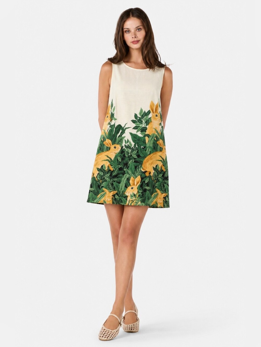 Dangerfield Cream Botanical Bunny Print 100% CottonSleeveless Shift Dress Size 6